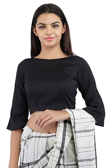 Black Cotton Silk Non-Padded Back Open Blouse in Boat Neck With Bell Sleeve