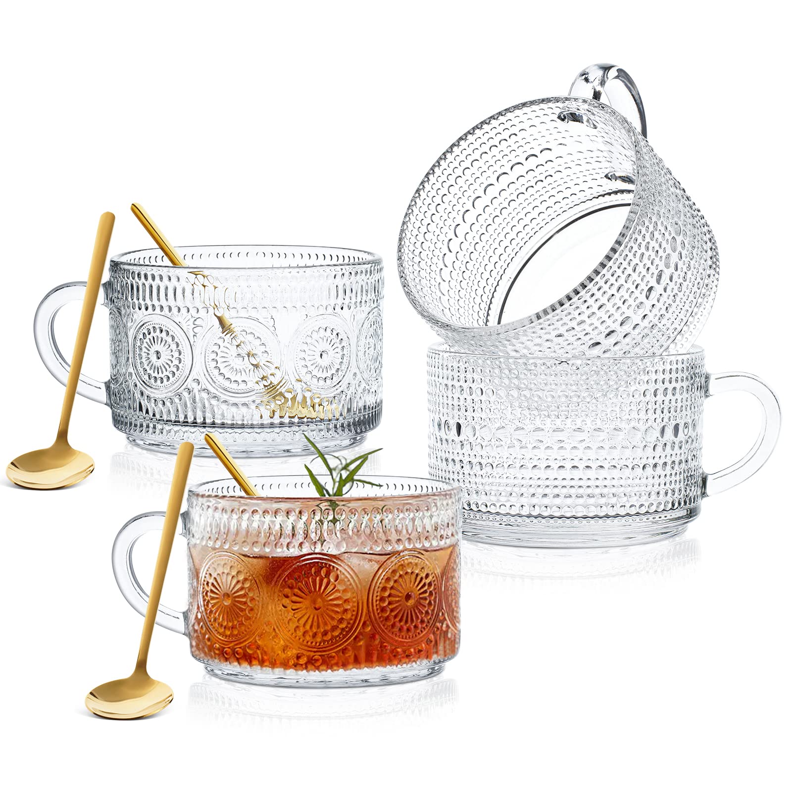 Vintage Glass Coffee Mugs Set of 4, Glass Cups with Spoons - 14oz Clear Embossed Drinking Glasses, Stackable Breakfast Cups, Drinking Glasses for Cappuccino, Latte, Milk, Hot or Cold Beverages