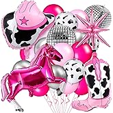 Hungdao 23 Pcs Cowgirl Theme Party Balloons Set Cow Print Cowgirl Hat Boot Pink Silver Star Balloons Ribbon for Western Theme Decorations Retro Horse Rodeo Party Supplies (Horse)