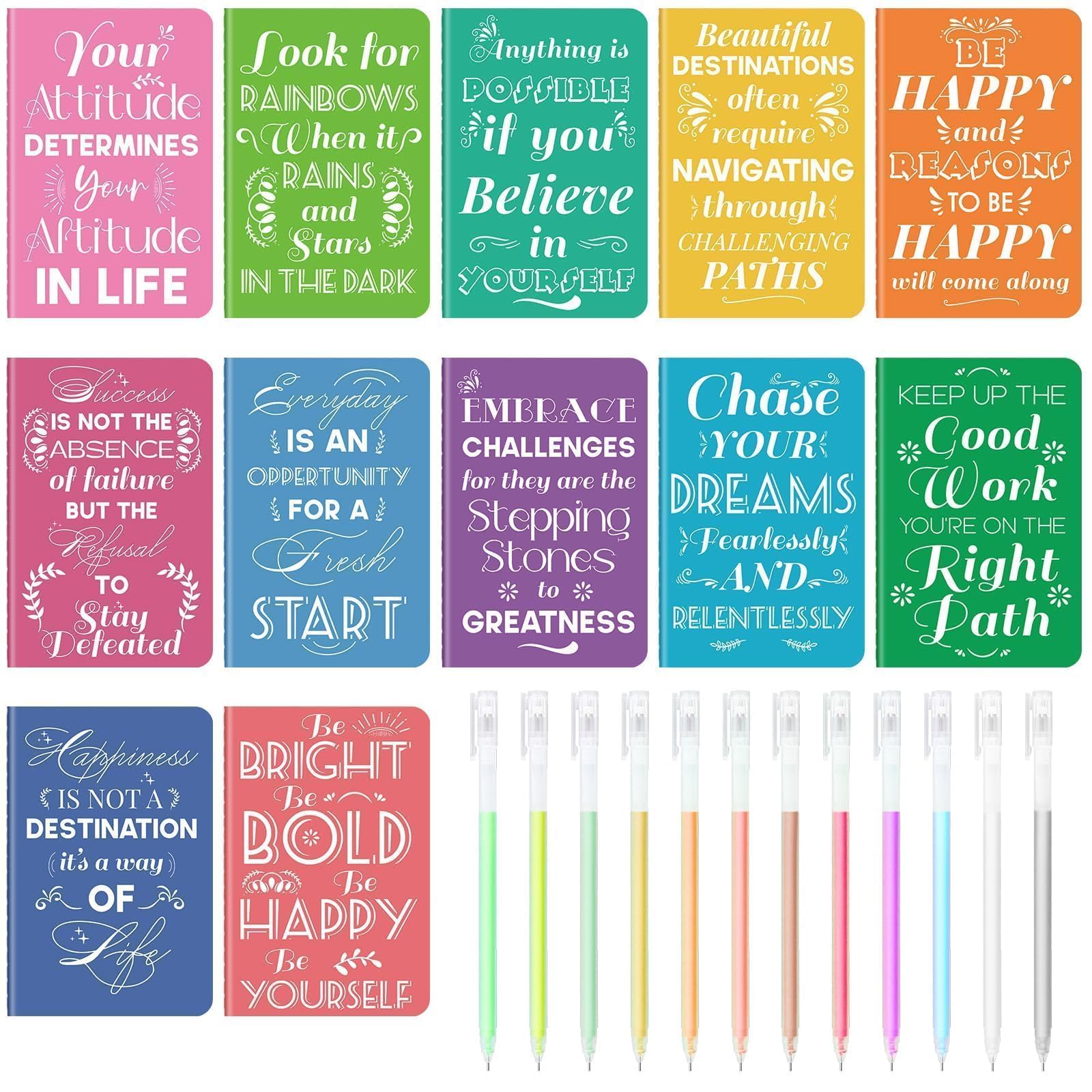 Photo 1 of 12 Pcs Mini Inspirational Notebooks Bulk with 12 Pcs Colorful Pens, Small Pocket Journal Notepads Set, Motivational Bulk Gifts for Women Men Teacher Student, Fun School Office Supplies, 3.5" x 5.5"