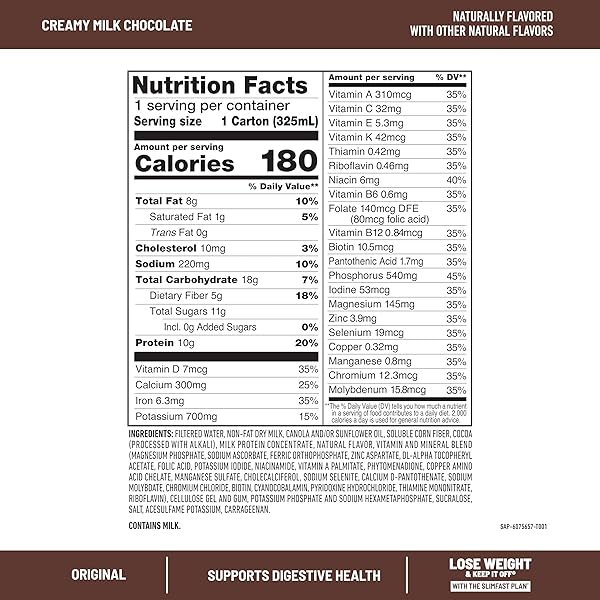 SLIMFAST MEAL REPLACEMENT SHAKE, ORIGINAL CREAMY MILK CHOCOLATE, NO ADDED SUGAR, MEAL REPLACEMENT SHAKES, 10G READY TO DRINK PROTEIN, 5G FIBER, 25 VITAMINS AND MINERALS, 11 FL. OZ, 12 COUNT