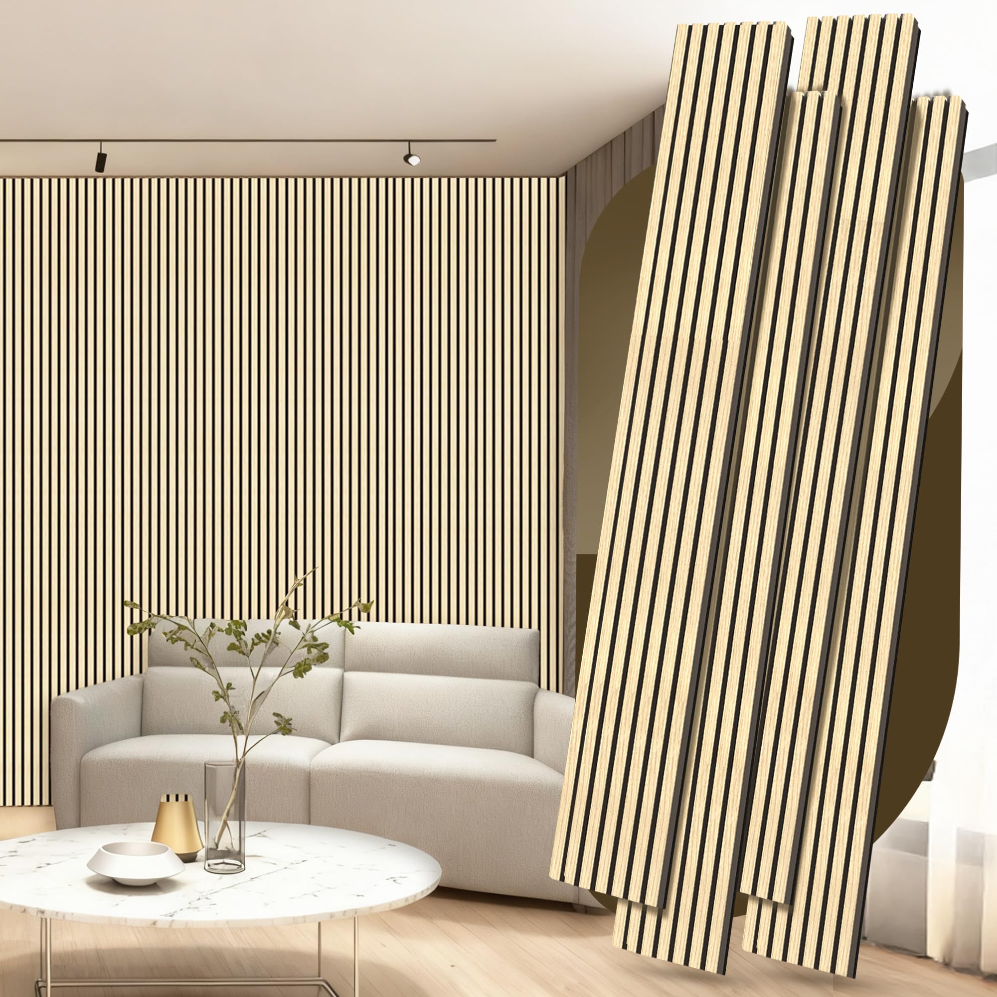 Photo 1 of 4 Pack Wood Panels for Wall, 106.3" × 11" Wood Slat Acoustic Panels, Soundproof 3D Fluted Panels for Interior Wall Decor (Oak)