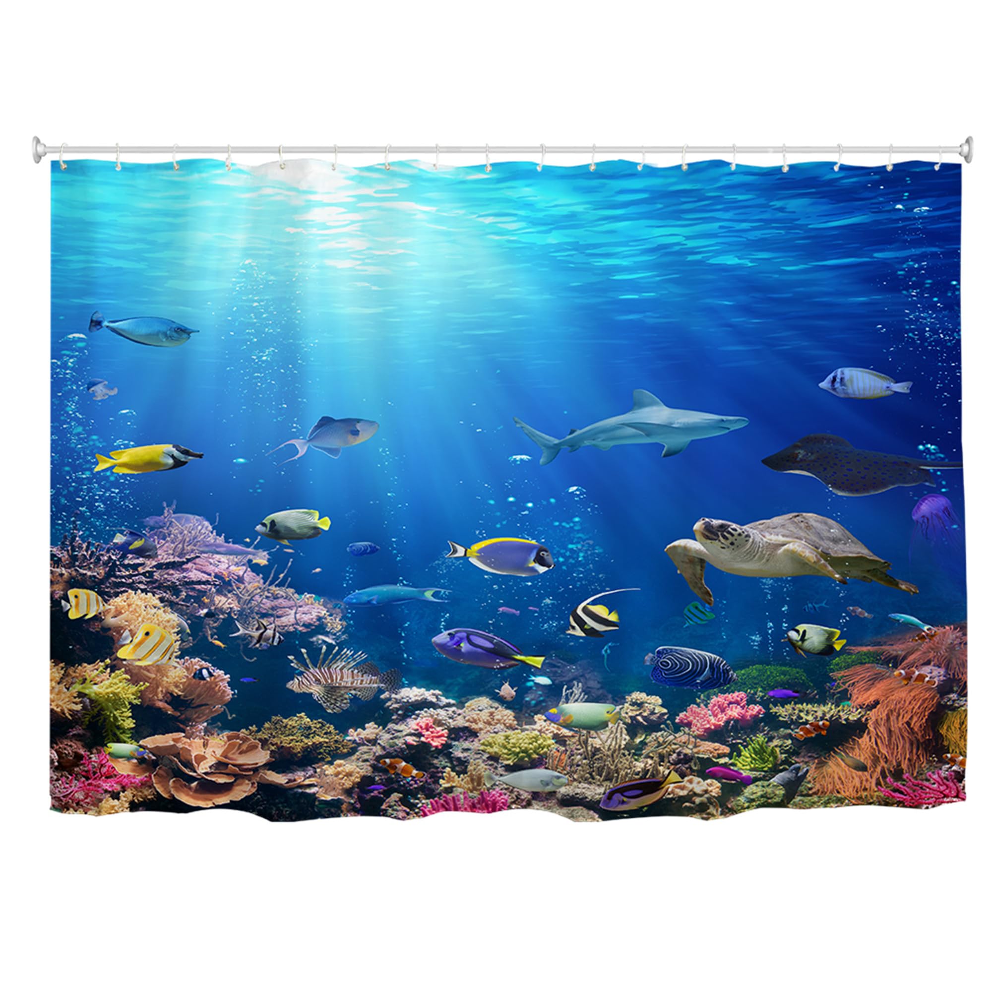 goodbath Extra Wide Shower Curtain 240x180cm, Ocean Underwater World Tropical Fish Anti Mould Fabric Waterproof Bath Curtains for Bathroom with 18 Hooks,Bright Blue,