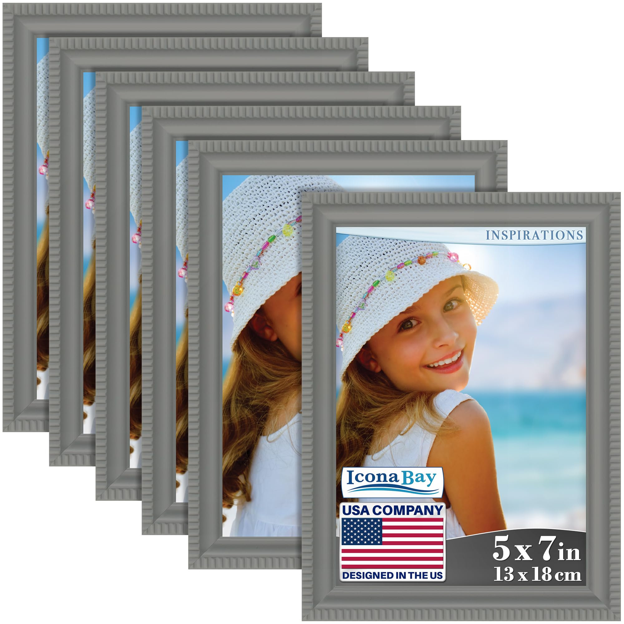 Icona Bay - 7x5 inch Picture Frames - Grey, 6 Pack - Beautifully Detailed Moulding - Contemporary Picture Frame Set - Wall Mount or Table Top - Inspirations Collection