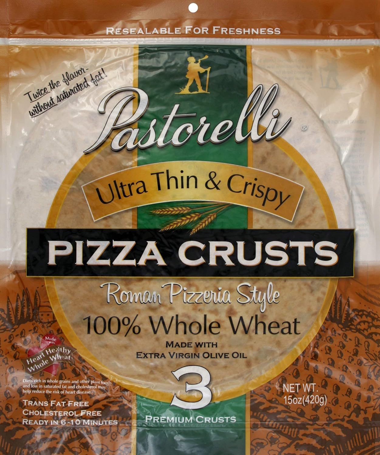 Pastorelli Ultra Thin & Crispy Pizza Crusts 100% Whole Wheat, 3Count (Pack Of 10)
