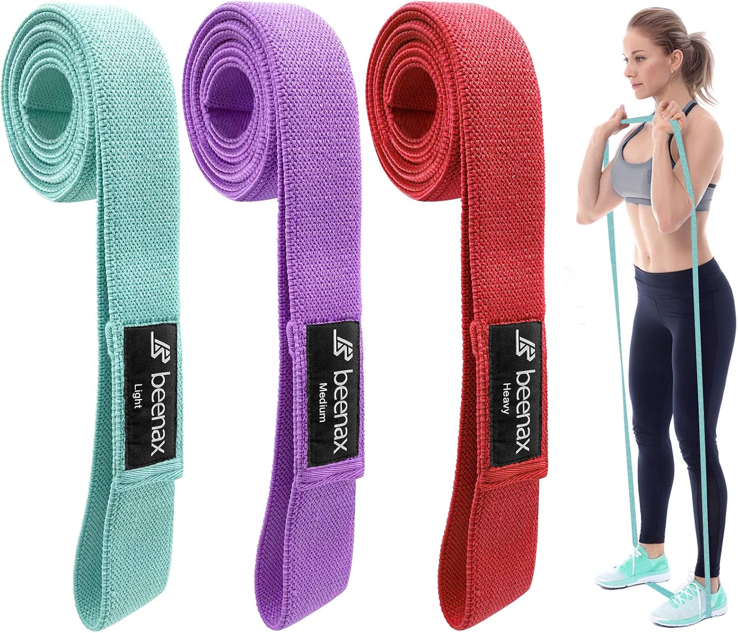 Beenax Fabric Resistance Bands (Set of 3), Long Exercise Bands for Women Men Loop Bands
