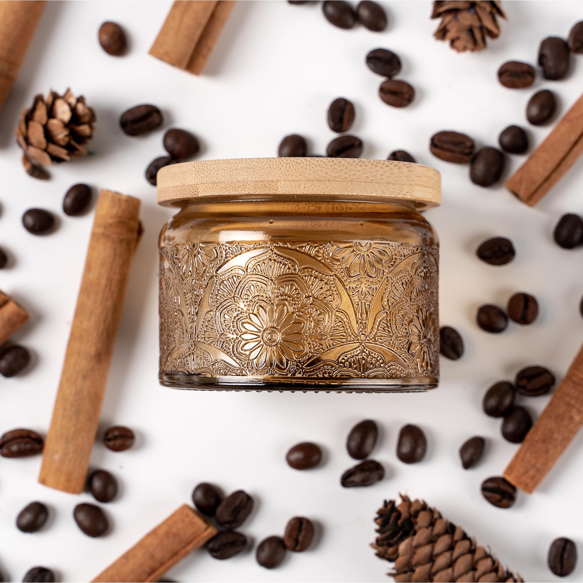 Photo 1 of 18-Pack 4oz Embossed Glass Candle Container with Bamboo Lids and Labels, Amber Candle Jars for Making Candles, Mandala Design