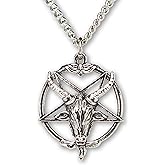 Real Metal Baphomet Satanic Goat Head Inverted Pentagram Silver Finish One Inch Pendant Necklace