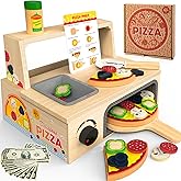 Wooden Pizza Toy - 48 PCS Montessori Pretend Play Food for Ages 3+, Educational Learning Toy Wooden Playset with Bake Oven, C