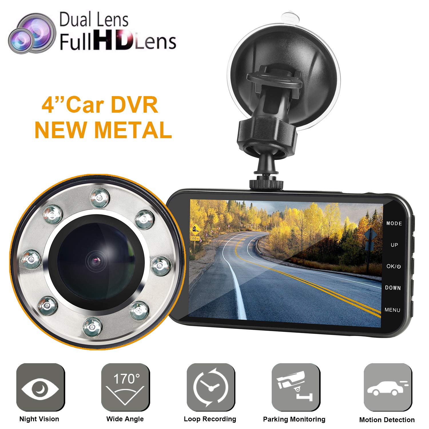 Dual dash car cam, Mi Yang FHD 1080P camera front and rear with night vision,2 channel 310° wide angle lens 4” screen dashboard cam , G-senor, Parking monitor,motion detection.for trucks uber driver