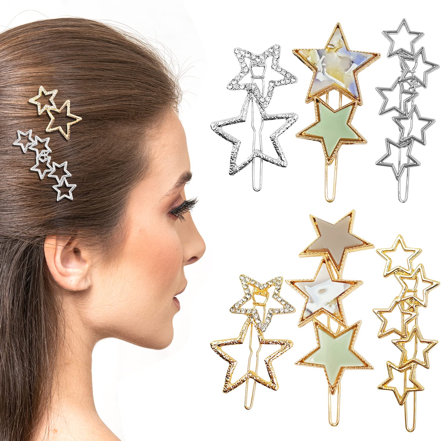 AYWFEY 6 Pcs Star Hair Clips Pins, Elegant Rhinestone Vintage Cluster Star Metal Hair Pin, Non-Slip Hollow Solid Patterned Geometric Hair Barrettes for Women Girls, Gold & Silver
