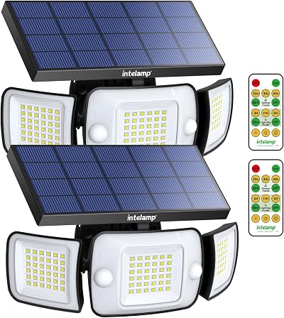 intelamp Solar Security Flood Lights Outdoor Motion Sensor with Remote 2 Pack