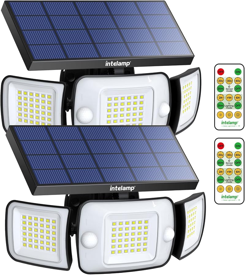 intelamp Solar Security Flood Lights Outdoor Motion Sensor with Remote 2 Pack