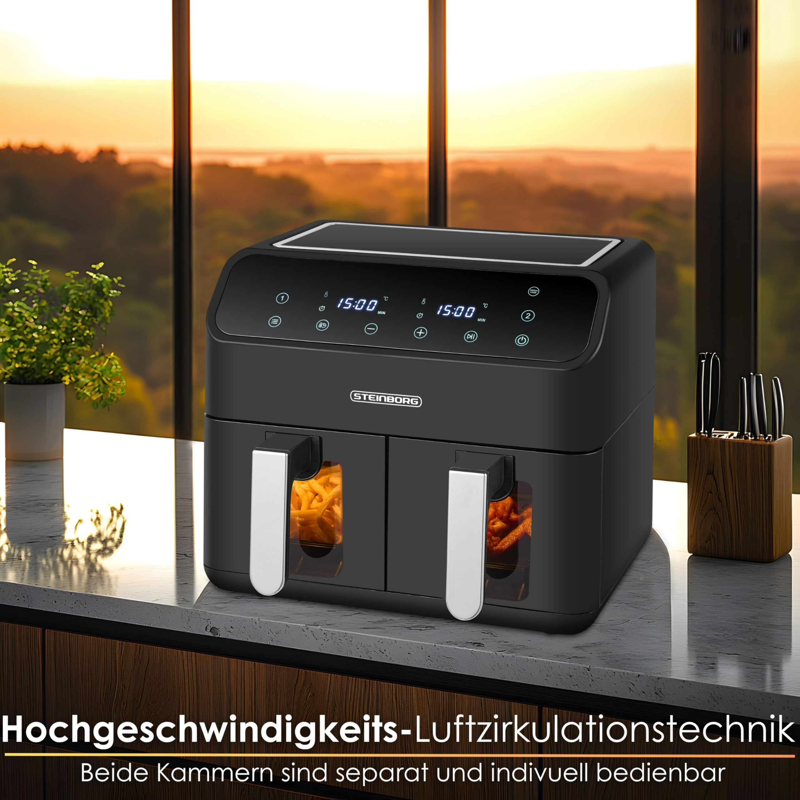 Heißluftfritteuse 2 Kammern 8 Liter Heissluftfritteuse Fritteuse Grillen Backen Dörren Dörrautomat Frittieren XXL Air Fryer Friteuse ohne Öl Heißluftofen Heißluftgrill 4 in 1 Mini Backofen 5
