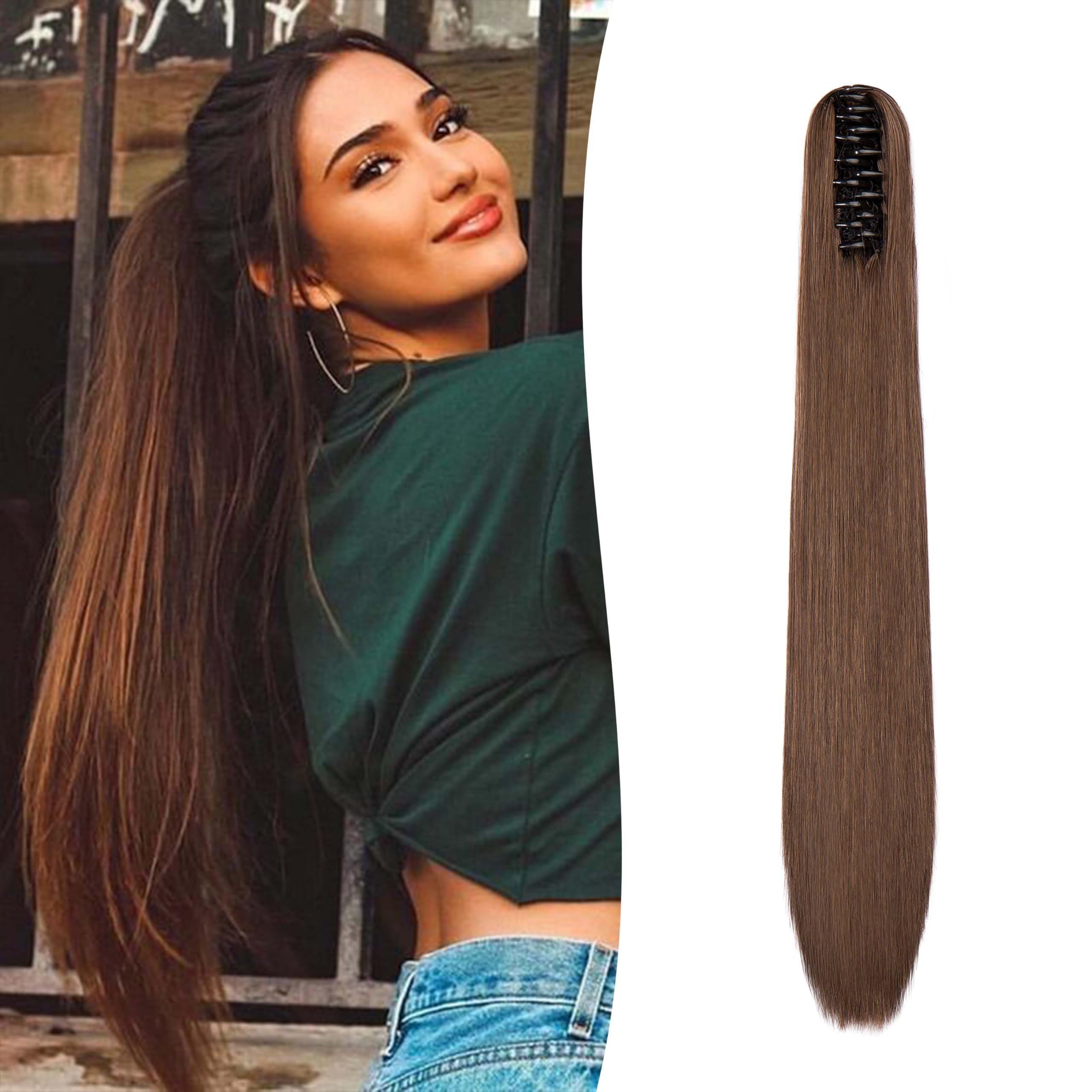 Gairyan Clip in Ponytail Hair Extensions 24 inch Ponytail Extension Long Straight Pony Tails Claw on Ponytail Synthetic Hairpieces for Women Soft Natural Look (Dark Brown & Light Auburn)