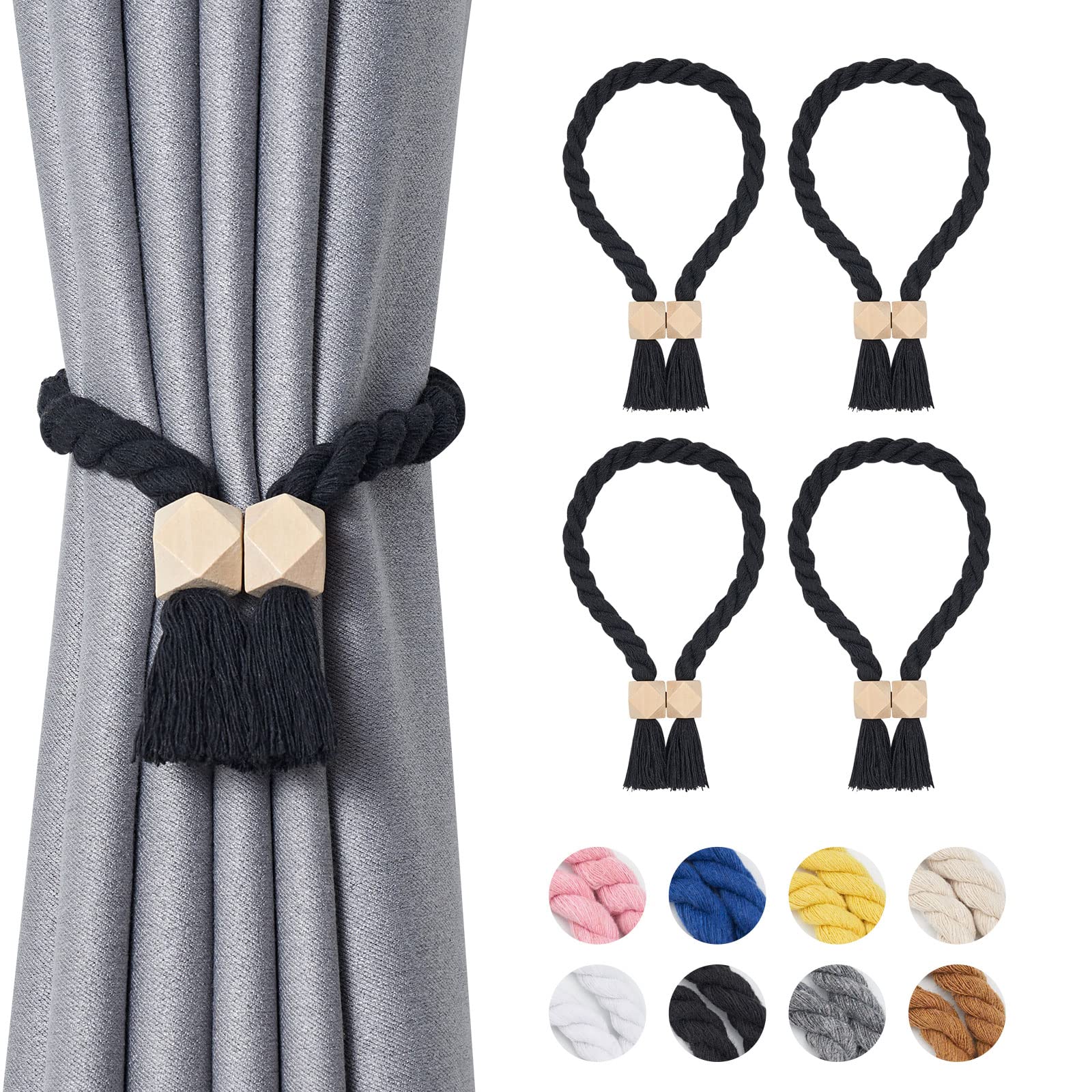Pretty Jolly 4 Pack Wooden Polyhedron Magnetic Curtain Tiebacks Boho Home Decor Drape Tie Backs Natural Cotton Hand Woven Rope Curtain Holdbacks for Home & Office Window Draperies (Black)