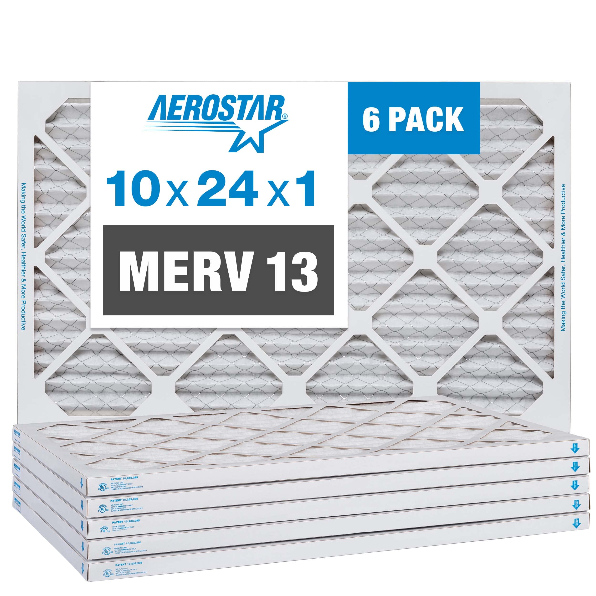 Aerostar 10x24x1 MERV 13 Air Filter, Pleated AC Furnace HVAC Filters (9.375x23.375x0.75), for Allergies Asthma Dust Pet Dander Pollen Smoke Bacteria, MPR 1200 FPR 7, USA, 6 Pack Image