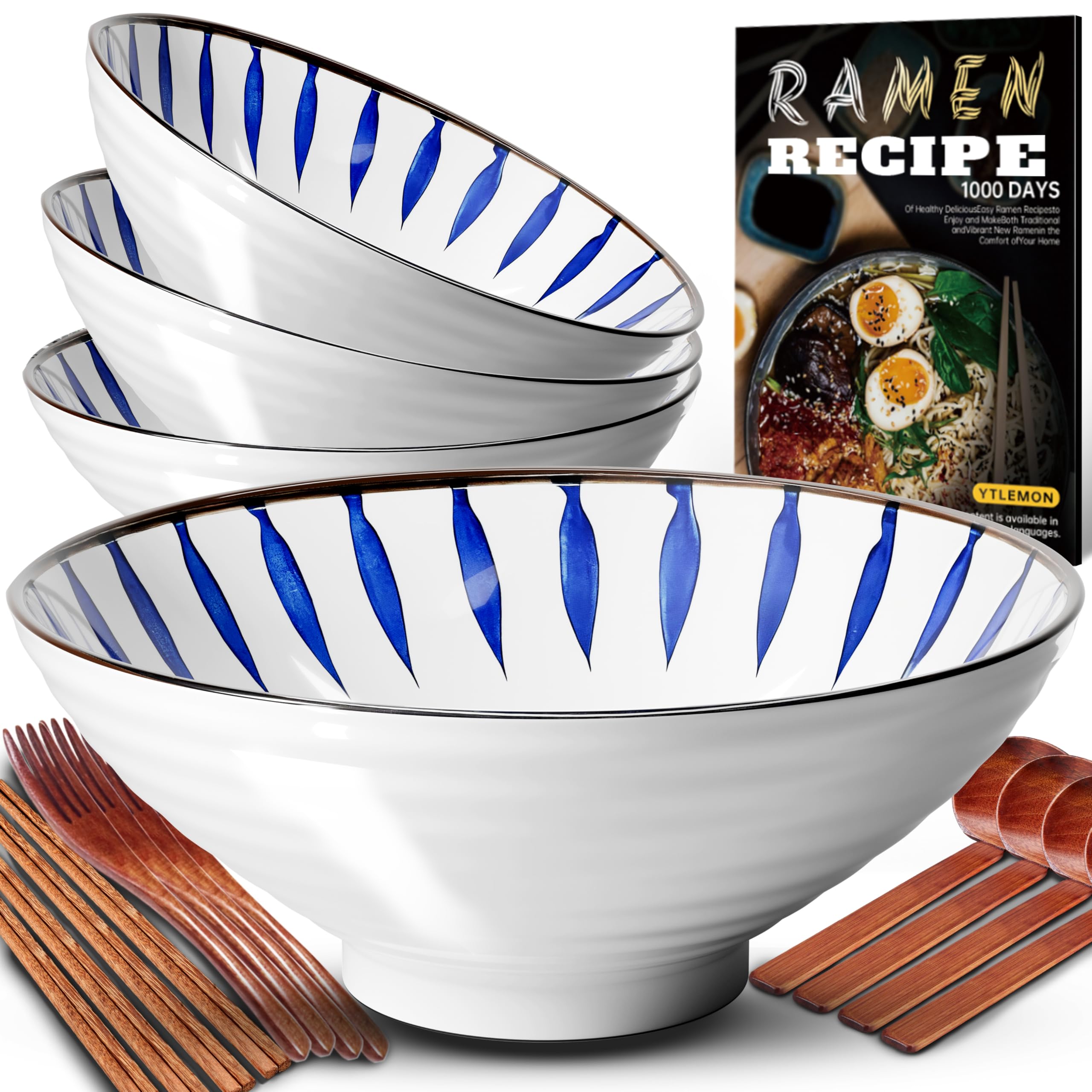 8-Inch Ceramic Ramen Bowl Set of 4 (17 Piece) - Porcelain Japanese Salad Noodles Cereal Fruit Pasta Soup Large Bowls with Recipes Chopsticks Forks Spoons for Men Women Gift Microwave Dishwasher Safe Image