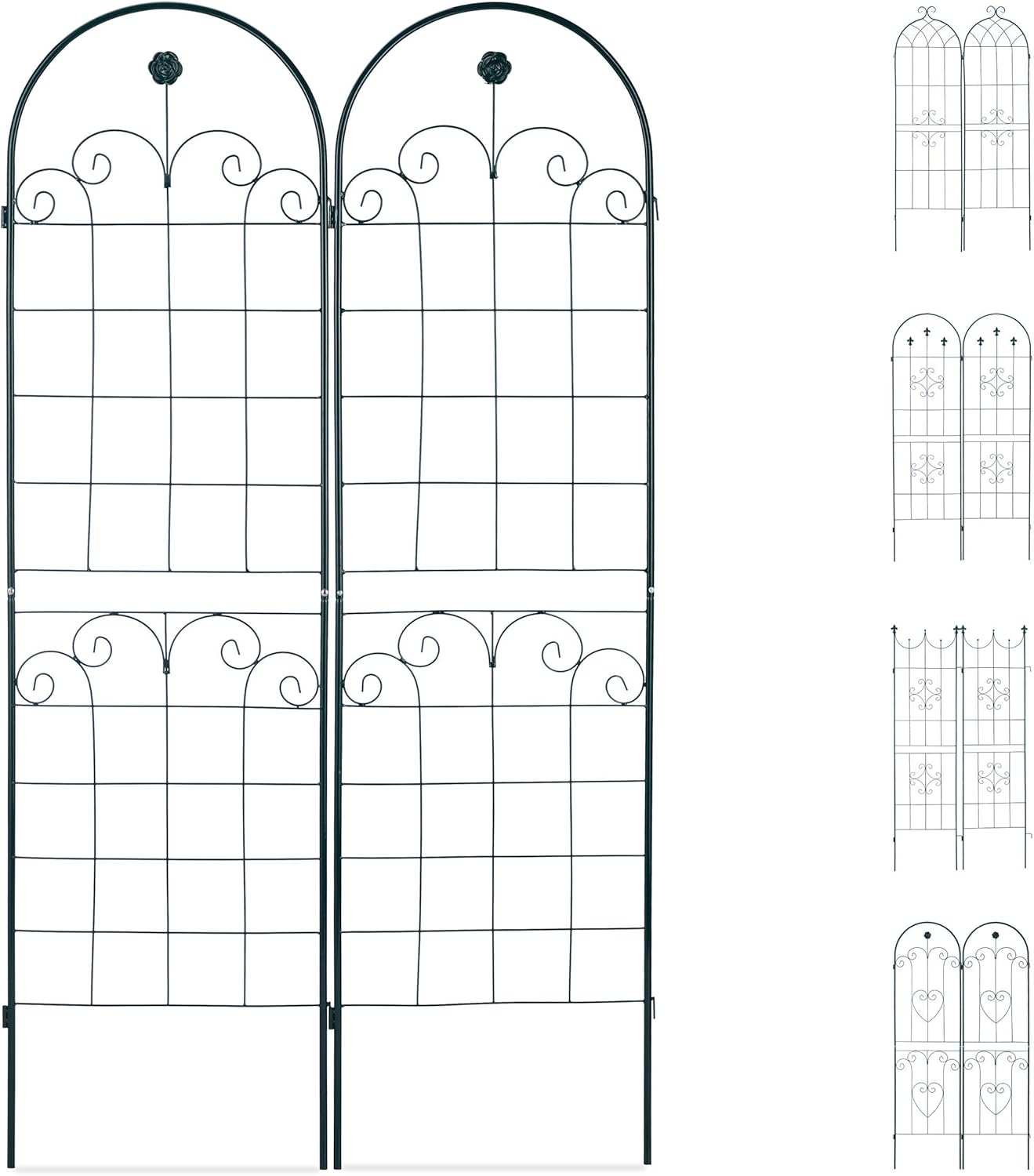 Relaxdays Rankgitter 2er Set, Metall, 180 x 50 cm, Vintage Rankhilfe Garten, Rundbogen & Blume, zum Stecken, dunkelgrün