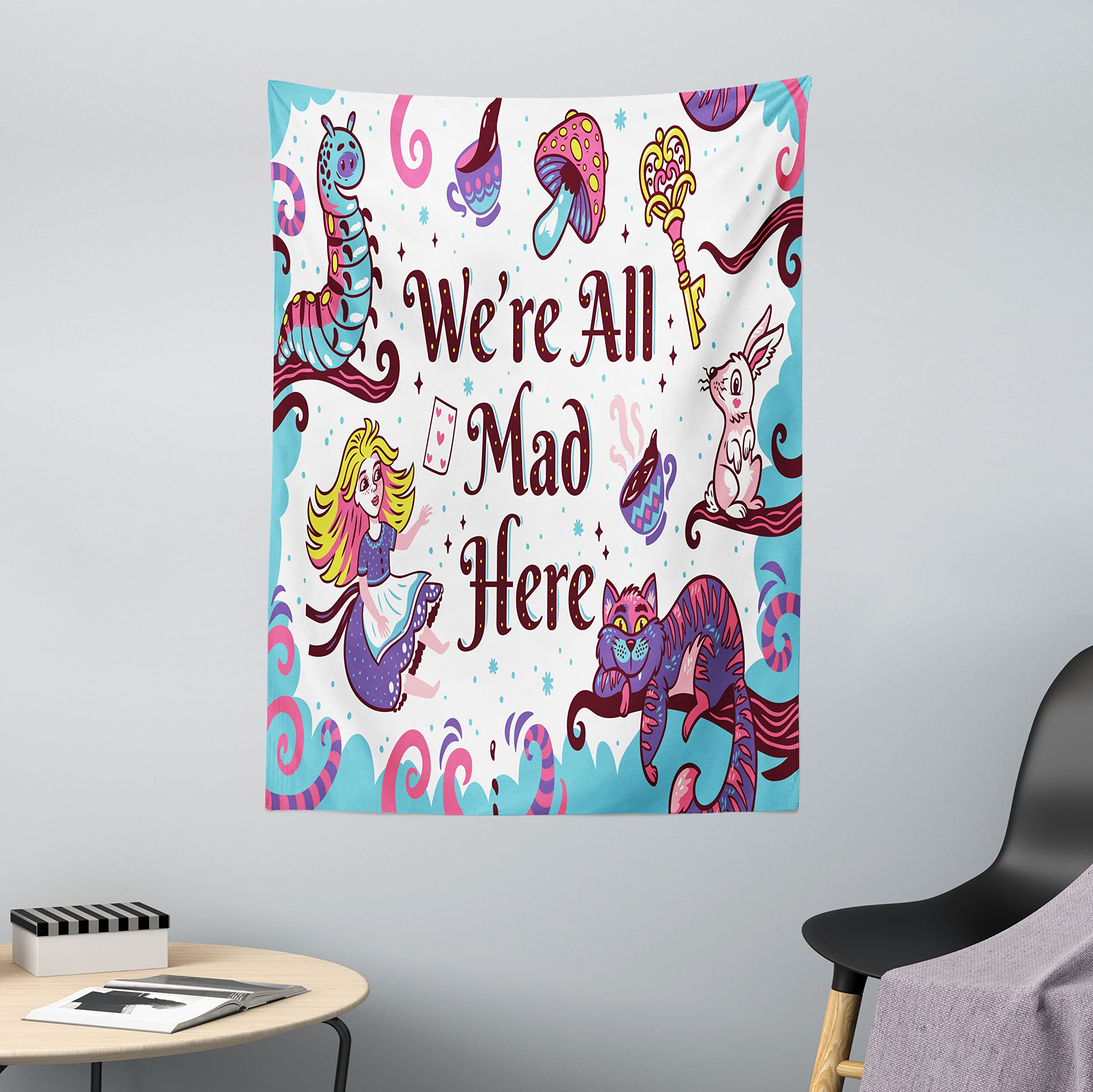 ABAKUHAUS Alice in Wonderland Tapestry, We Are All Mad Here Words with Caterpillar White Rabbit Cheshire Cat, Fabric Wall Hanging Decor for Bedroom Living Room Dorm, 43 W X 58 L, Multicolor