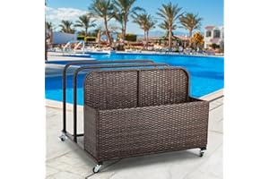 PATIO NOVAGARDEN Poolside Float Storage Organizer, Outdoor Wicker Rattan Pool Float Holder Storage Rack for Basket Box Patio Pool Storage Caddy with Rolling Wheels for Pool Toy Noodles Equipment Accessroies (Brown)