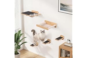 PATHOSIO PETS Space-Saving Cat Wall Shelves – Interactive Cat Wall Climber with Hammock & Dog Proof Feeding Station for All Indoor Breeds – Solid Natural Wood with Gray Carpet