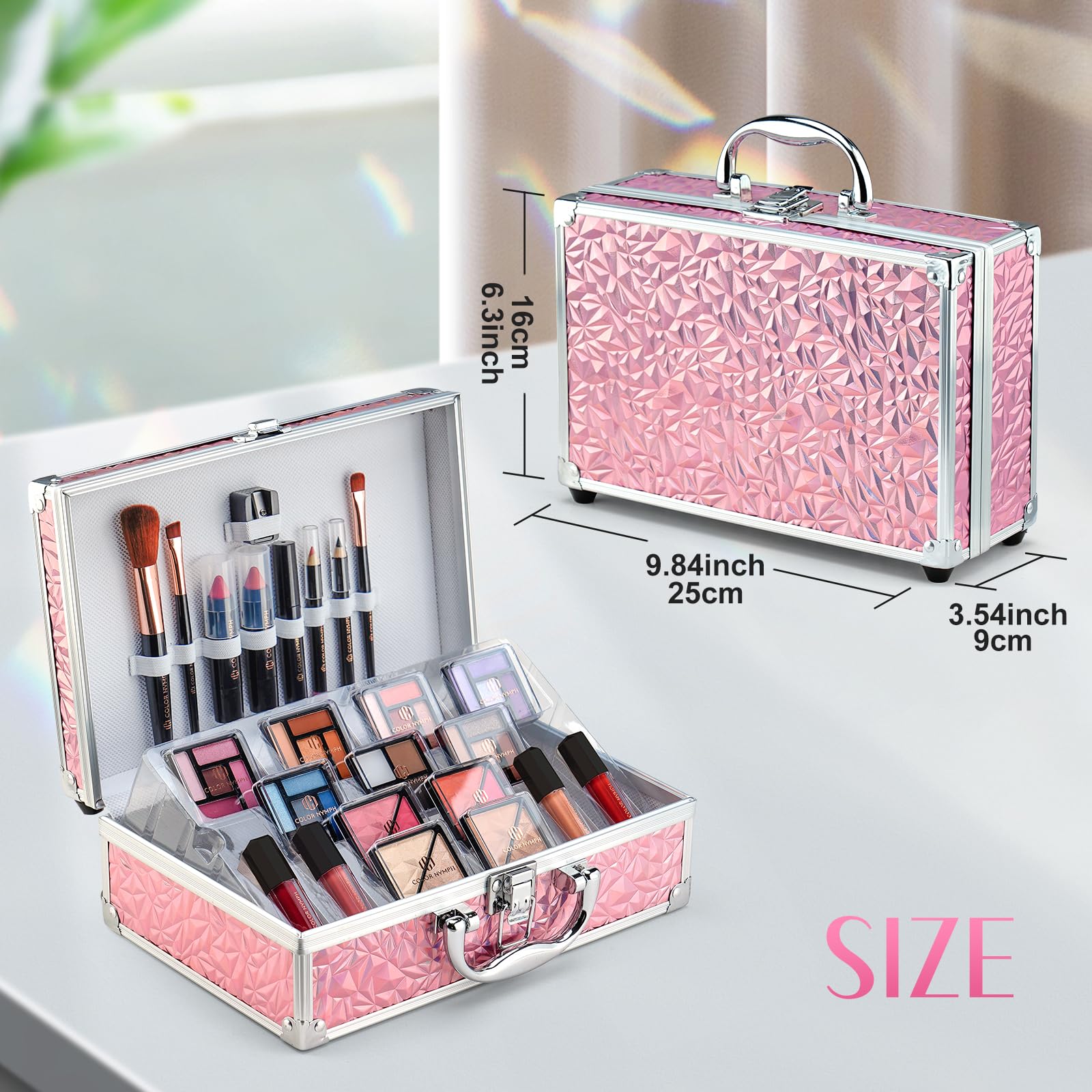 Color Nymph Starter Makeup Kit for Tweens Girls, Train Case for Women Full Kit with Eye Shadow, Lipstick, Blush, Brushes, Lipgloss, Mascara, Brow Wax and Mirror Pink Full Starter Cosmetics Set