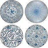 Foraineam Set of 4 Blue and White Porcelain Serving Plates Floral Dinner Shallow Plates Appetizer Salad Dessert Snack Plate Set
