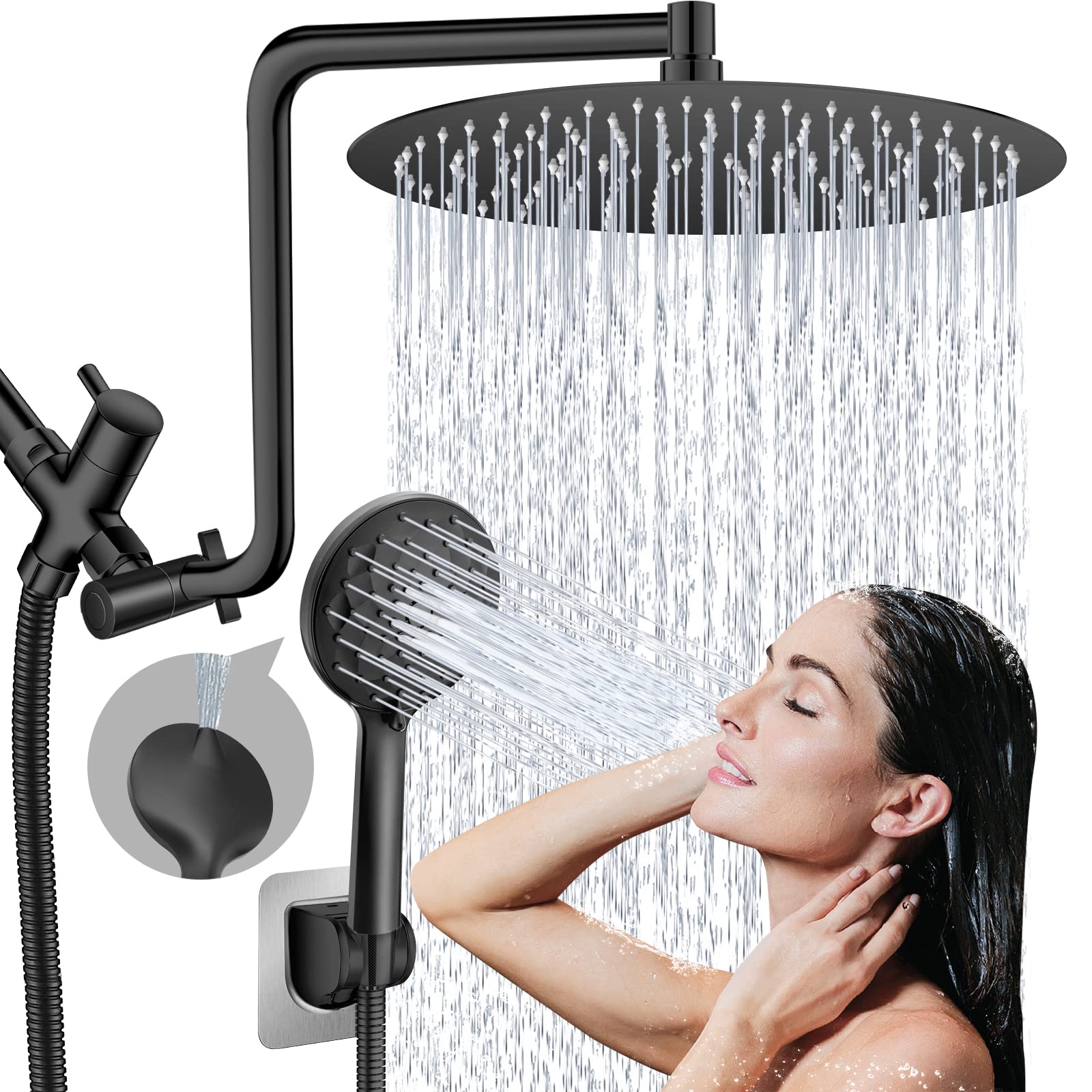 Photo 1 of 12" Rainfall Shower Head with Handheld Combo, High Pressure Shower Heads with Upgraded 12" Adjustable Curved Shower Arm, 6 Settings Handheld Shower Head Built-in Power Wash Anti-leak (Matte Black)