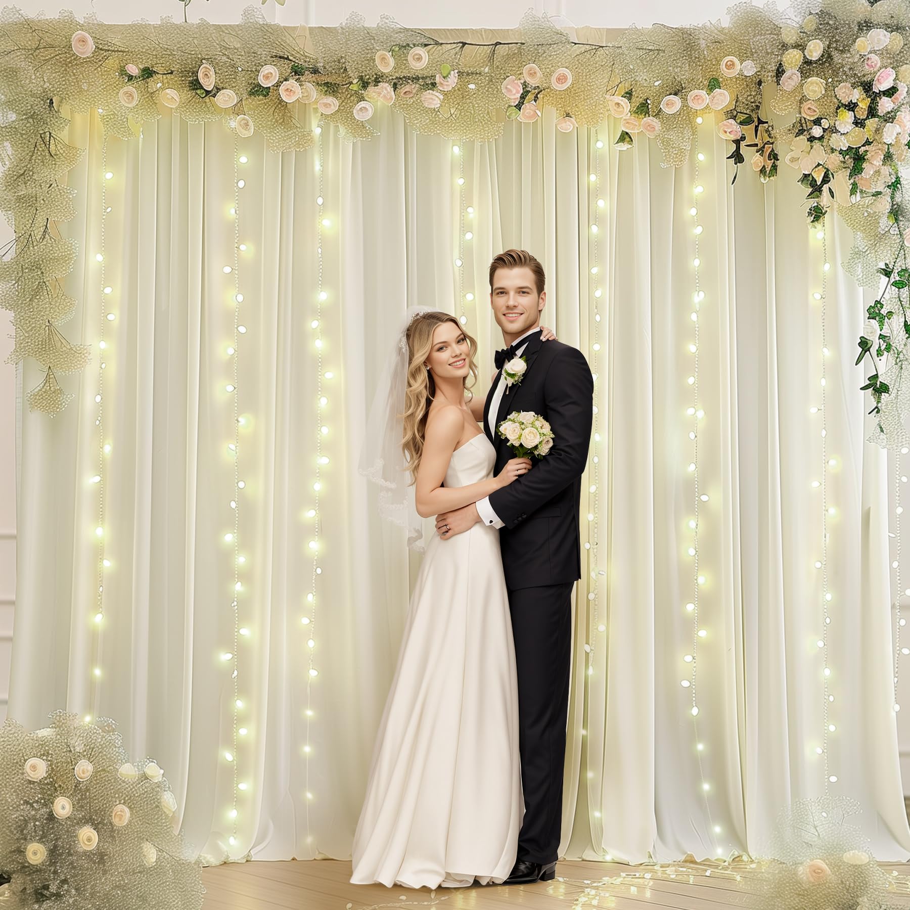 Photo 1 of 10 x 10ft Ivory Backdrop Curtains with Lights String for Baby Shower Wrinkle Free Polyester Drapes for Backdrop Photo Background Curtains for Birthday Party Wedding Shower Reception Ceremony, 2 Panels