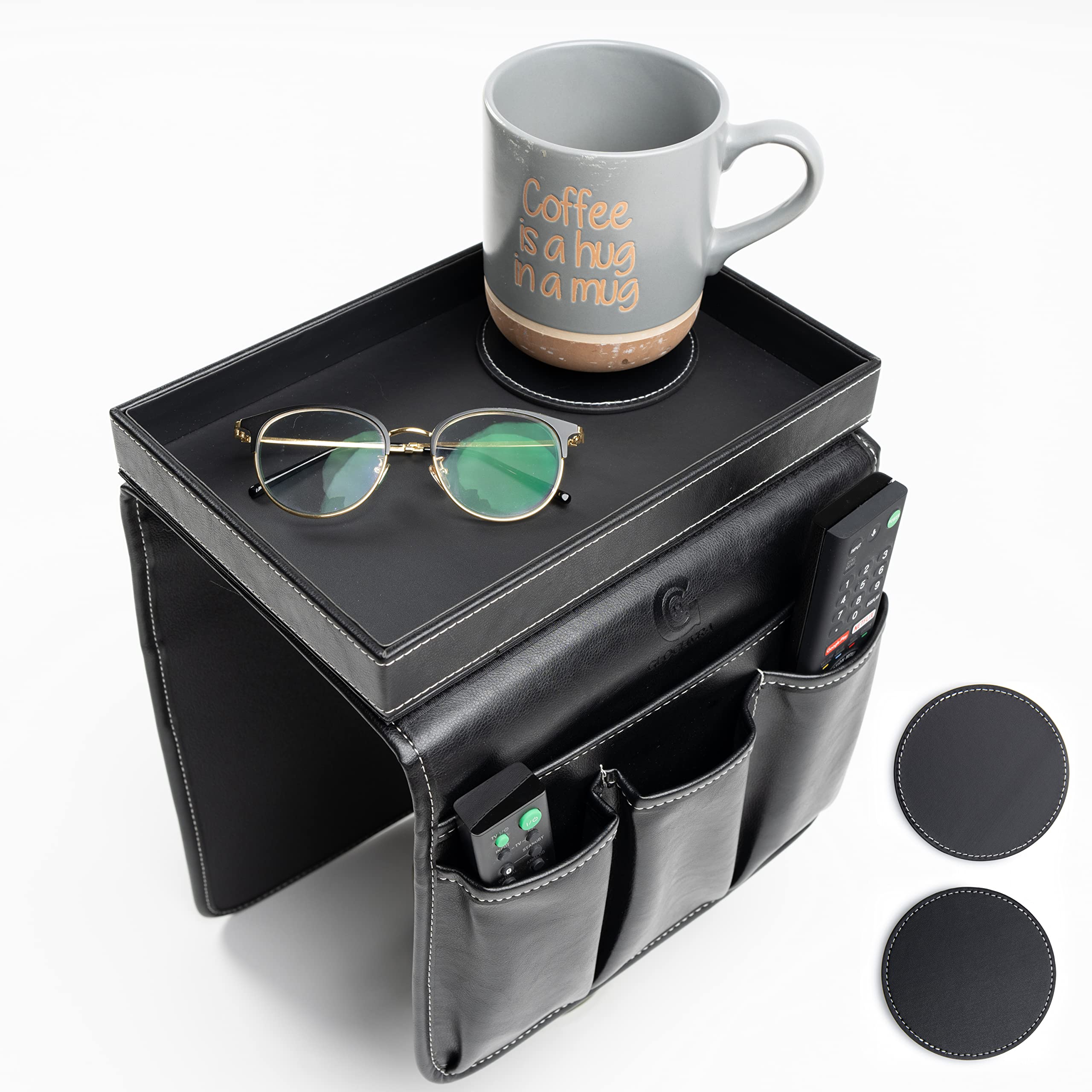 GLOCHYRA Armchair Caddy Remote holder for Recliners Armrest Organizer PU Leather - 5 Pockets Chair Caddy for phone, magazine with Detachable Arm Tray for Snacks- Comes with 2 Piece Coaster (Black)