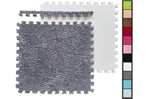 HUIDUO 16 Pcs Kids Foam Interlocking Carpet Tiles with Border, Thick Carpet Squares Plush Floor Playmats Baby Crawling Rug - 49" x 49",Grey (Grey, 16 Tiles)