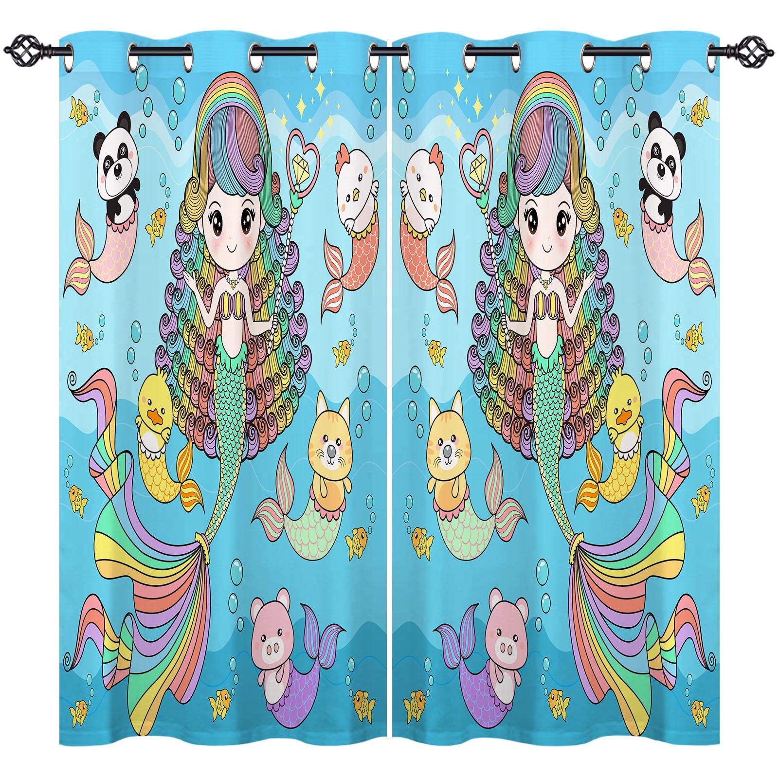 ANHOPE Mermaid Curtains Eyelet Ring Top Soft Thermal Insulated Blackout Curtains Princess Ocean Sea Animal Print Pattern Decorative Window Drapes for Bedroom Living Room 46 x 54 Drop Inch 2 Panels