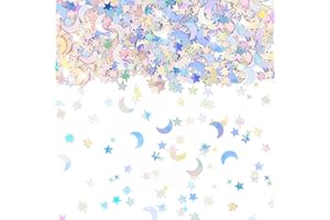 AECSZE 4000 Pcs Star Confetti, Glitter Confetti, Holographic Metallic Star Glitter, Holographic Moon for Party Decorations, Wedding, Birthday, Festival, DIY, Unicorn Theme, Silver, 10mm