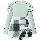 Tainmully Girls Clothes Ruffle Long Sleeve shirt Top and Bowtie Plaid Skort Set 2PCS Girls Fall Outfits 6-16 Years