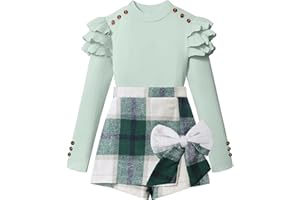 Tainmully Girls Clothes Ruffle Long Sleeve shirt Top and Bowtie Plaid Skort Set 2PCS Girls Fall Outfits 6-16 Years