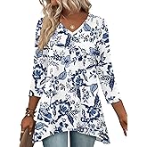 LUYAA 3/4 Length Sleeve Womens Tops V Neck Loose Fit Dressy Casual Blouse Flowy Shirts Plus Size Womens Clothing S-3XL