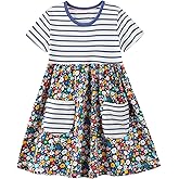 FreeLu Girls' Cotton Short Sleeve Dresses Cute Stripe Cartoon Patterned Casual Sundress