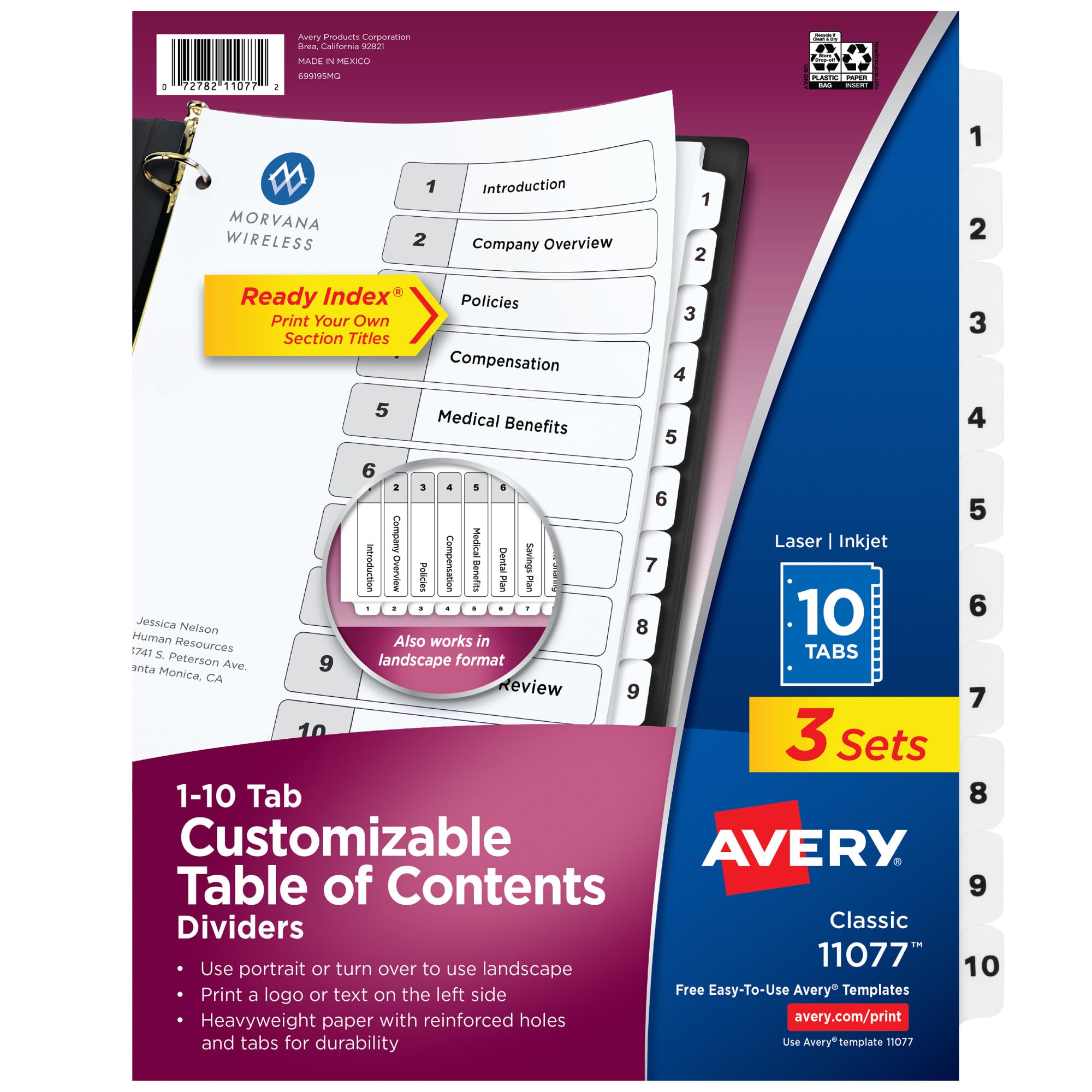 Avery 10-Tab Dividers for 3-Ring Binders, Customizable Table of Contents, Classic White Tabs, 1 Set (11077)