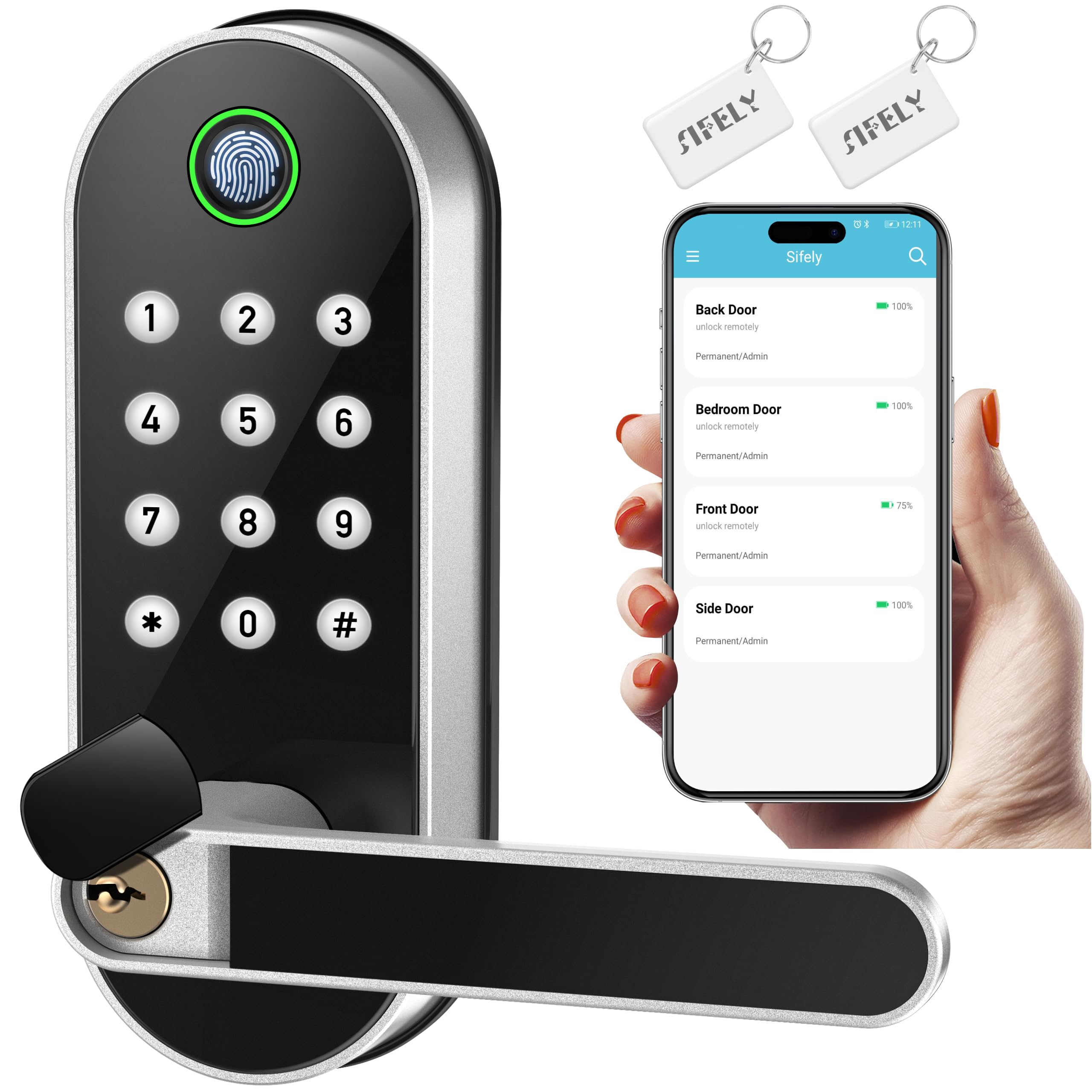 thumbnail image 2 of Fingerprint Door Lock With Keypad - Biometric Smart Lock For Home Office Silver 2 of 4