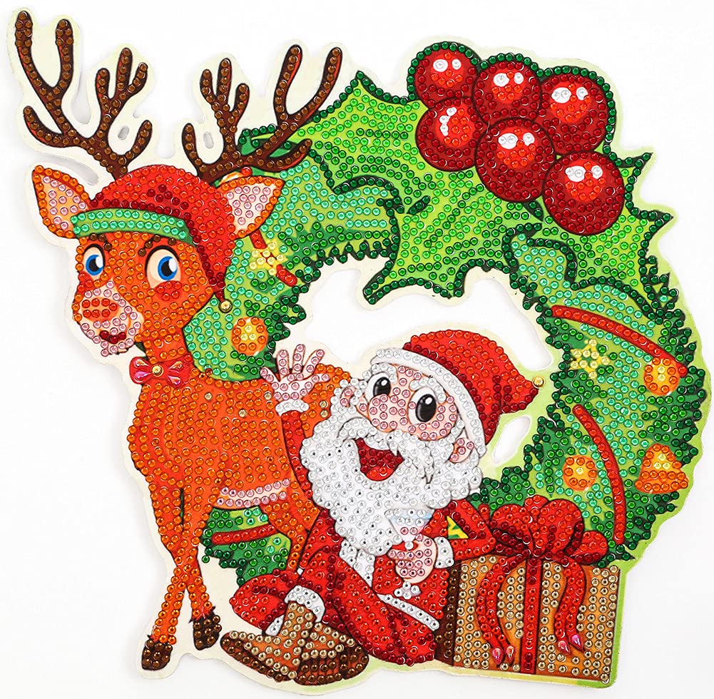 YEESAM ART DIY 5D Rhinestone Painting Wreath Kit Special Shape, Santa Claus Christmas Deer 23x23cm Rhinestone Art Wreaths Mosaic Crafts Embroidery Kits (Santa Claus)