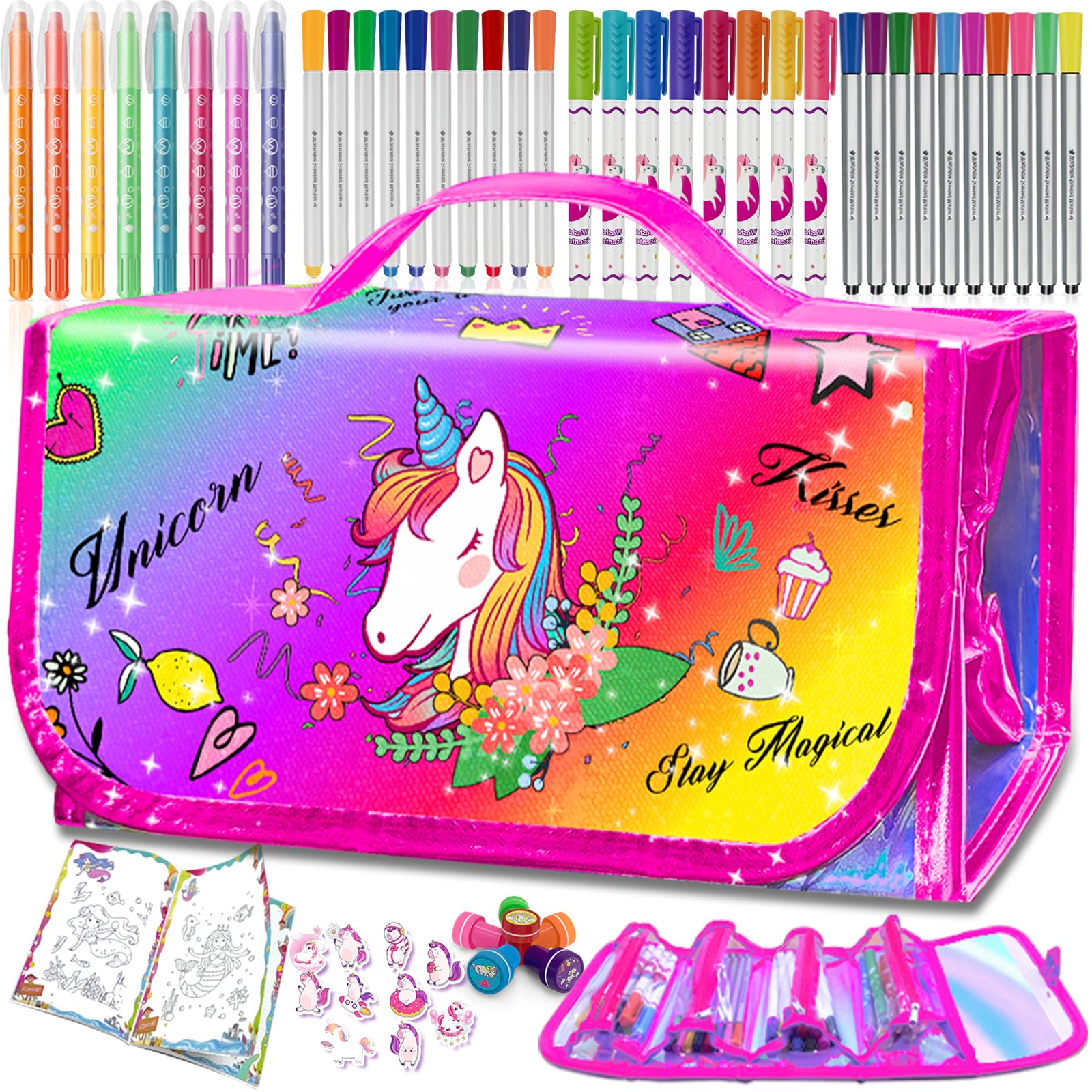 weirtoya Unicorn Gifts Washable Fruit Scented Markers Stationery Set, Gils Birthday Gifts for 4 5 6 7 8 Year Old Girls, Travel Art and Craft Drawing Colouring Set for Girls