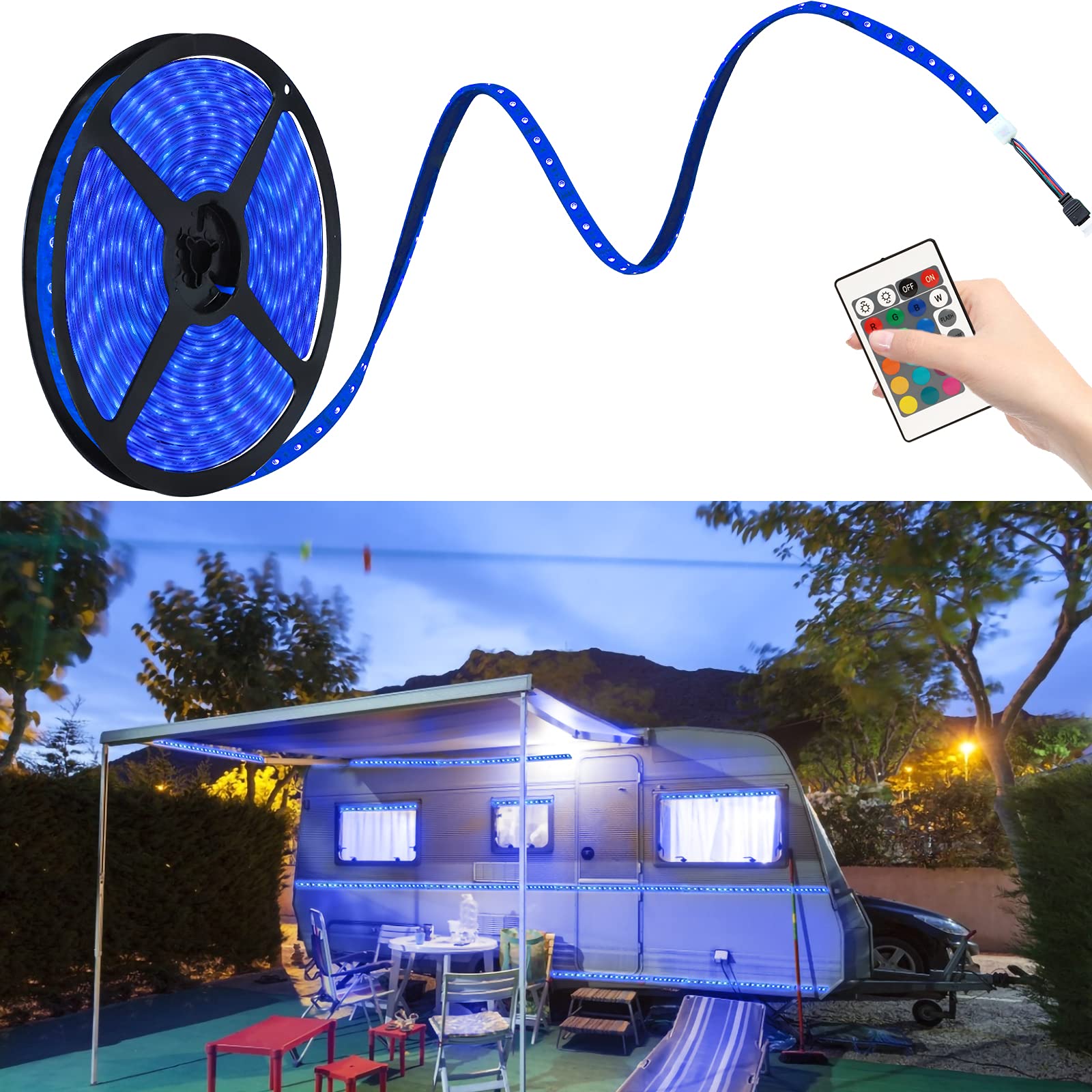 Magic4U Camper LED Strip Light RV Caravan Motorhome 12V Awning Light RGB Multi-Color Conversion IP68 Waterproof Party Light 5 Meters Per Roll Can Cut to Fit Length of Installation