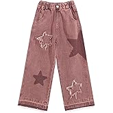 Adigau Girls Baggy Jeans Star Patchwork Denim Pants Elastic Waist Straight Trousers Wide Leg Soft Trousers 5-14 Years