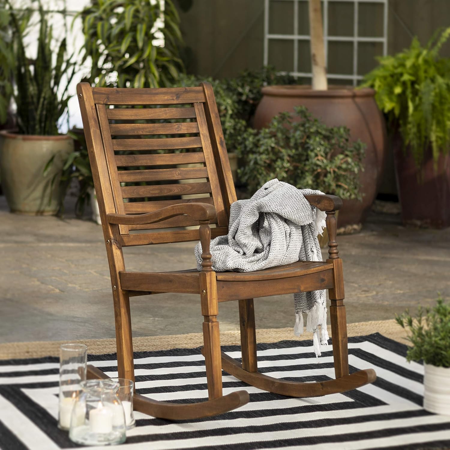 Walker Edison Montego Traditional Acacia Wood Slat Back Patio Rocking Chair, 42 Inch, Dark Brown: Garden & Outdoor
