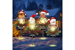 Glooglitter 4 Packs Solar Christmas Stakes Xmas Lights Metal Garden Santa Claus Snowman Gingerbread Man Elk Pathway Lights Decorations for Holiday Walkway Yard Outdoor Lawn Patio Front Porch Cemetery