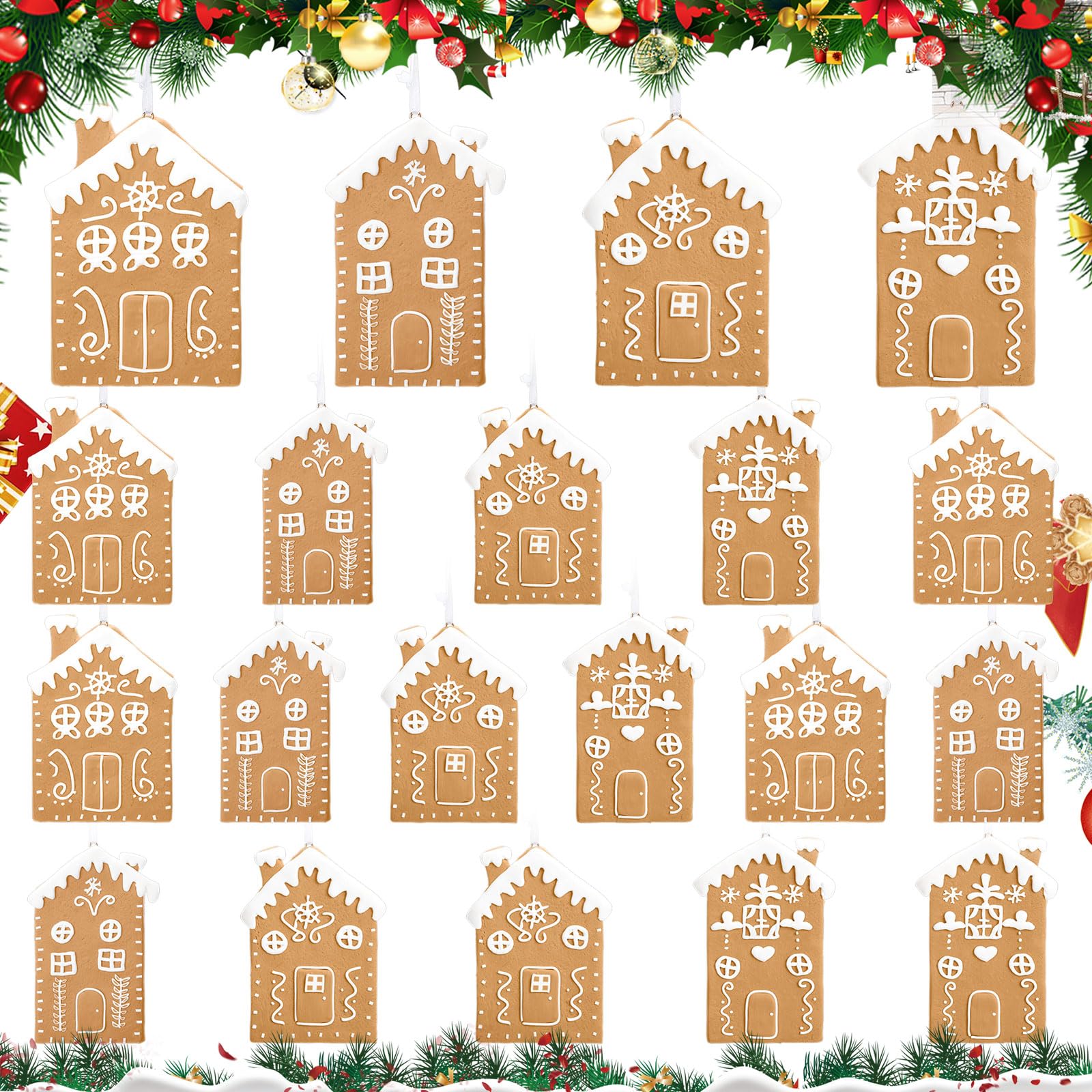 Photo 1 of Soulchen 20 Pcs Christmas Gingerbread House Ornaments 4-5 Inch Large Size Polymer Clay Christmas Tree Decorations Gingerbread House Hanging Ornaments with Strings Cookie Decorations for Home DIY Craft
