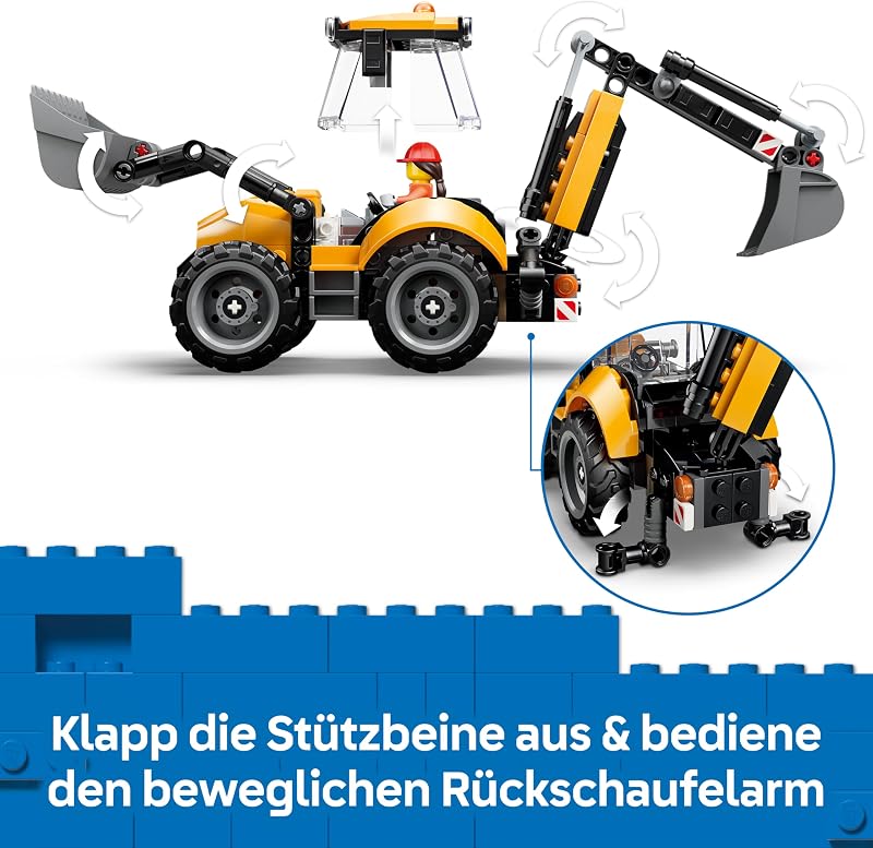 City Gelber Baggerlader - Baufahrzeug Spielzeug - Traktor mit 2 Minifiguren, funktionierender Frontschaufel und Heckbagger - Geburtstagsgeschenk für Jungen ab 7 Jahren - 60480 — Foto 5 von 8