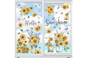wondever Sunflower Butterfly Window Clings Hello Sunshine Flowers Vase Gnomes Glass Sticker Decal Anti Collision Double-Side Static Window Stickers for Home Glass Window
