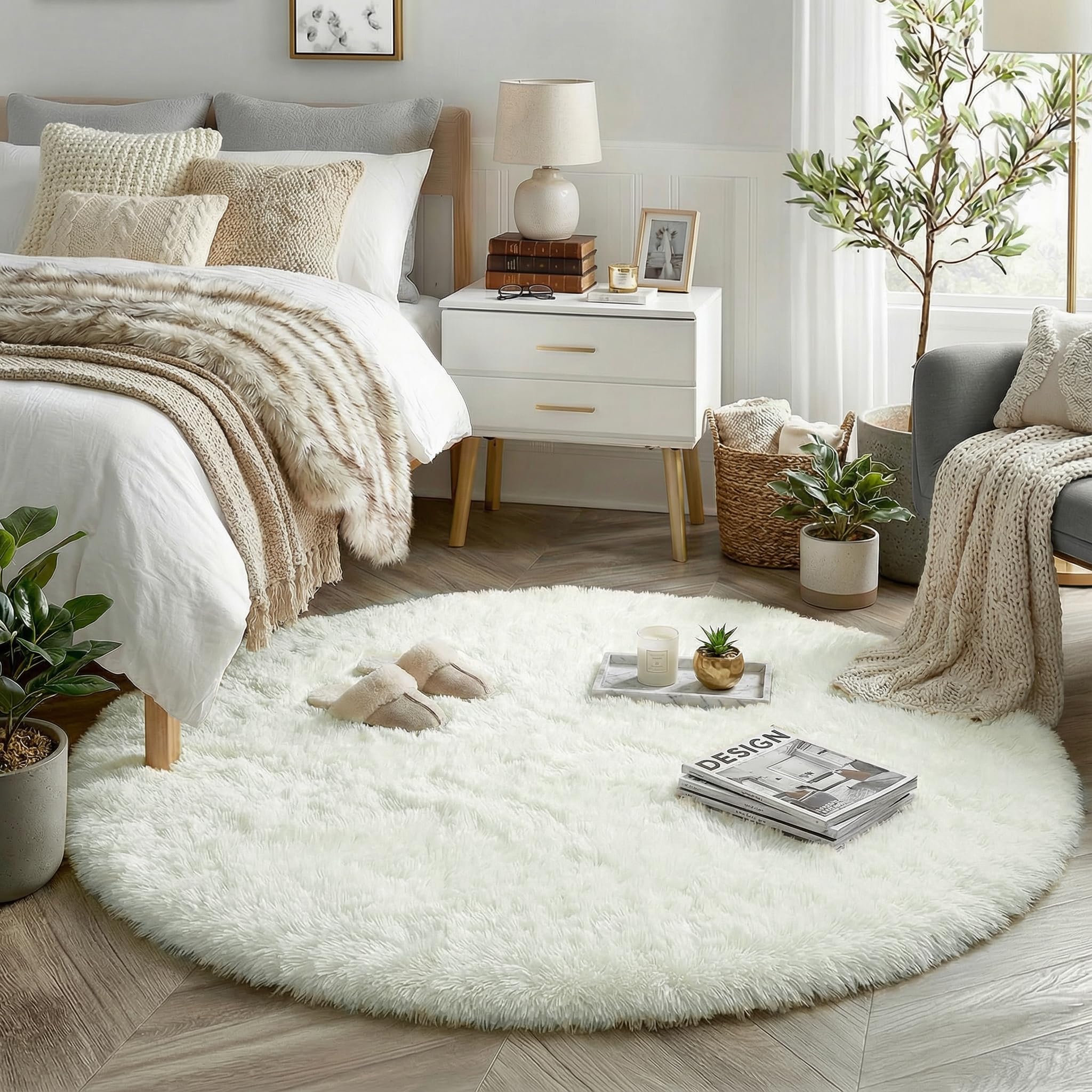 Ivory Round Rug - Fluffy Circle Carpet, 5'X5', White, Plush, Shaggy, Perfect for Bedroom, Kids, Teen's, Nursery, Dorm, Baby Room Decor